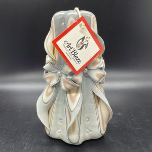 Art Blaze gray pink pearl intricate carved candle NWT